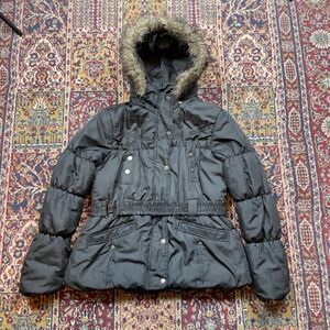 VTG 00s Dollhouse Black Satin Puffer Jacket Fur Hood Belted Winter XL slim